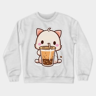 Cute Cat Drinking Bubble Tea Cartoon Boba Drawing Crewneck Sweatshirt